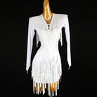 White latin salsa dance dress with hanging bead strands at the V neckline