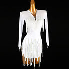White bead strand latin salsa dance dress angled view showing the ragged hem