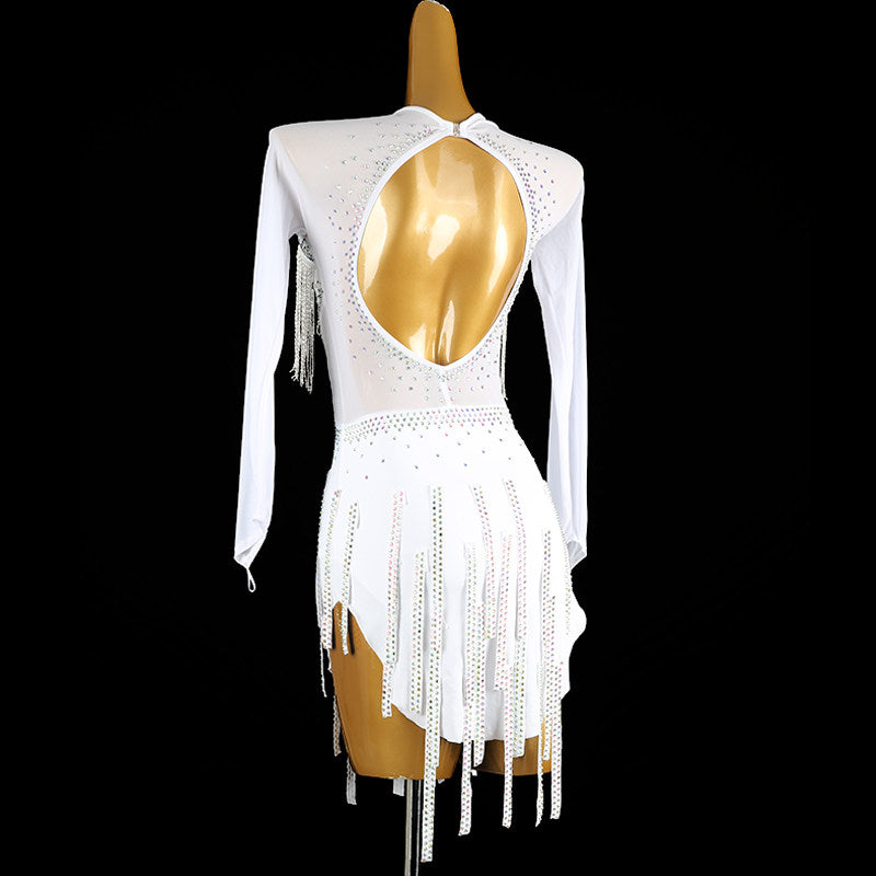White bead strand latin salsa dance dress rear view with the teardrop back