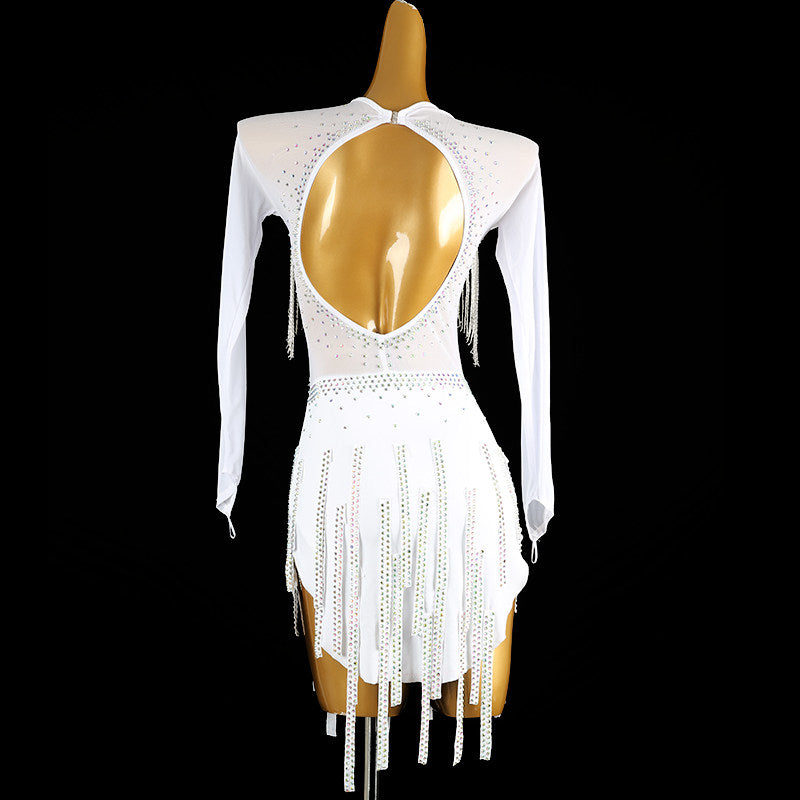 White bead strand latin salsa dance dress showing the bare back from behind