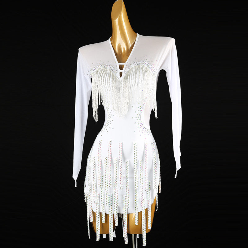White bead strand latin salsa dance dress front view with the strands apart