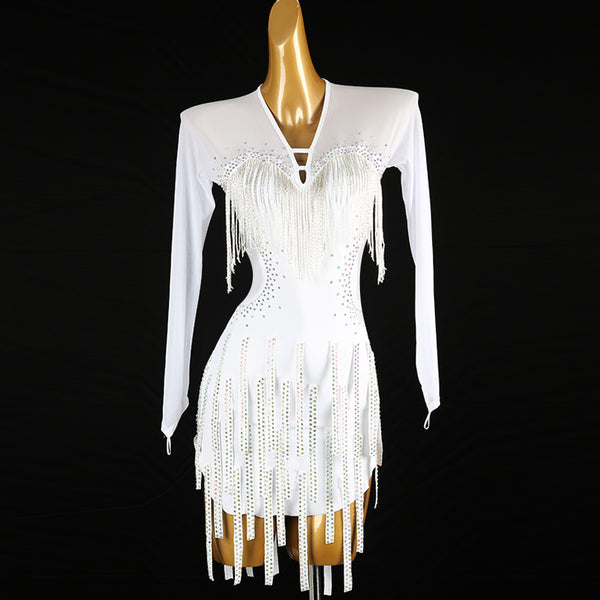 White bead strand latin salsa dance dress side view showing the long sleeve