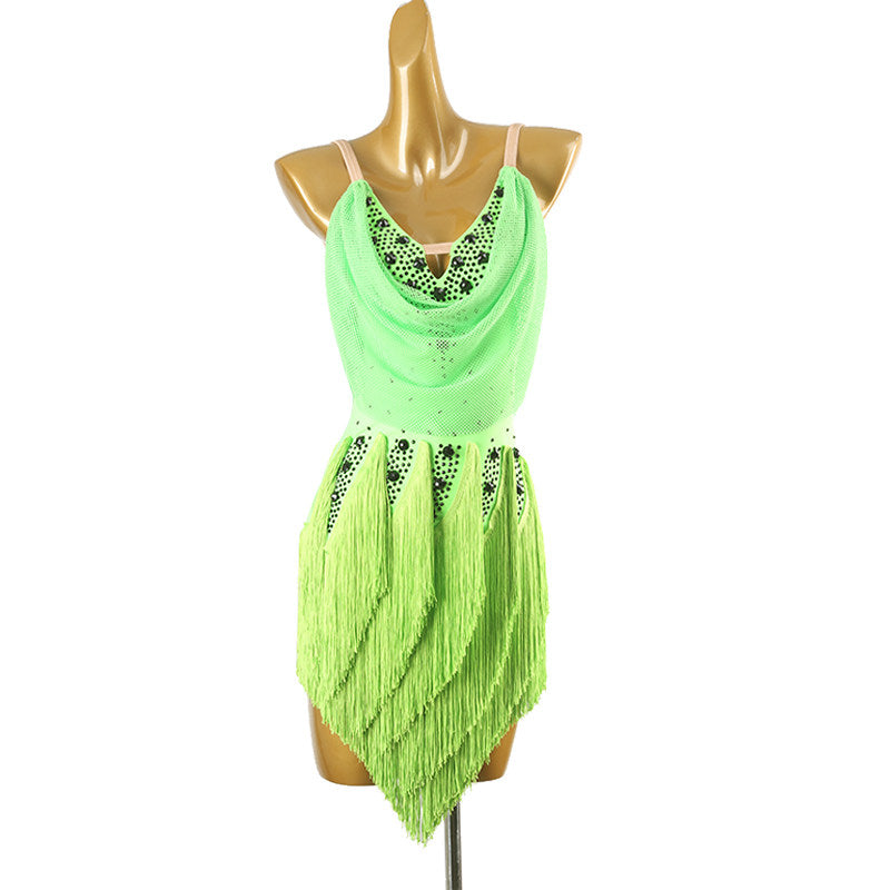 Neon green latin salsa dance dress with stone trimmed cowl and ombre fringe skirt