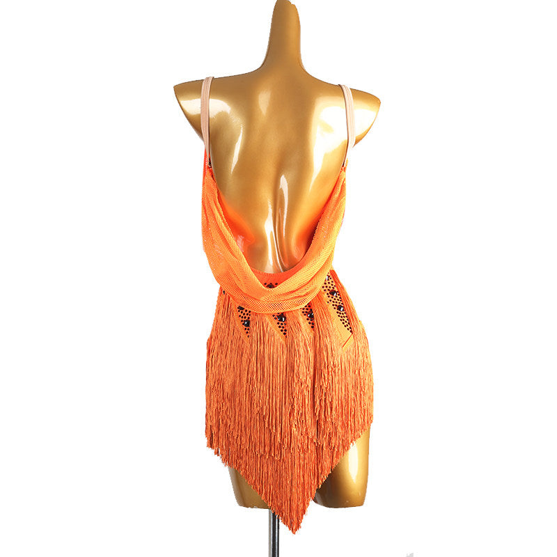 Orange latin salsa dance dress with cowl neckline and ombre fringe skirt