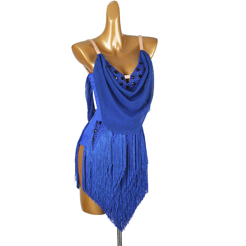 Blue latin salsa dance dress with stone trimmed cowl and ombre fringe