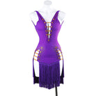 Purple latin salsa dance dress with jewel set strap ladders and stone packed body