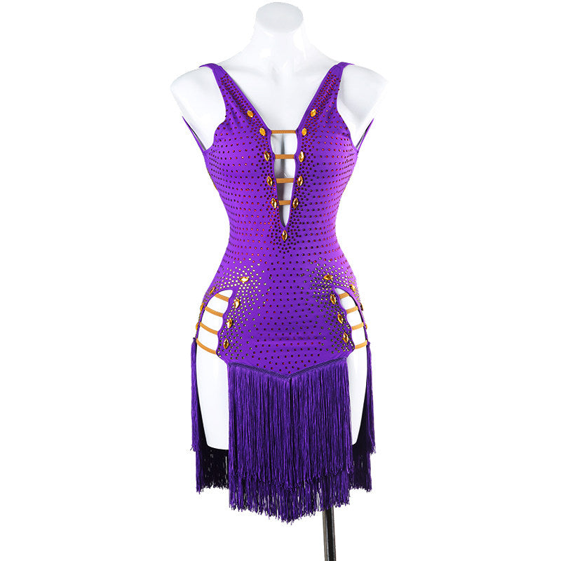 Purple latin salsa dance dress with jewel set strap ladders and stone packed body