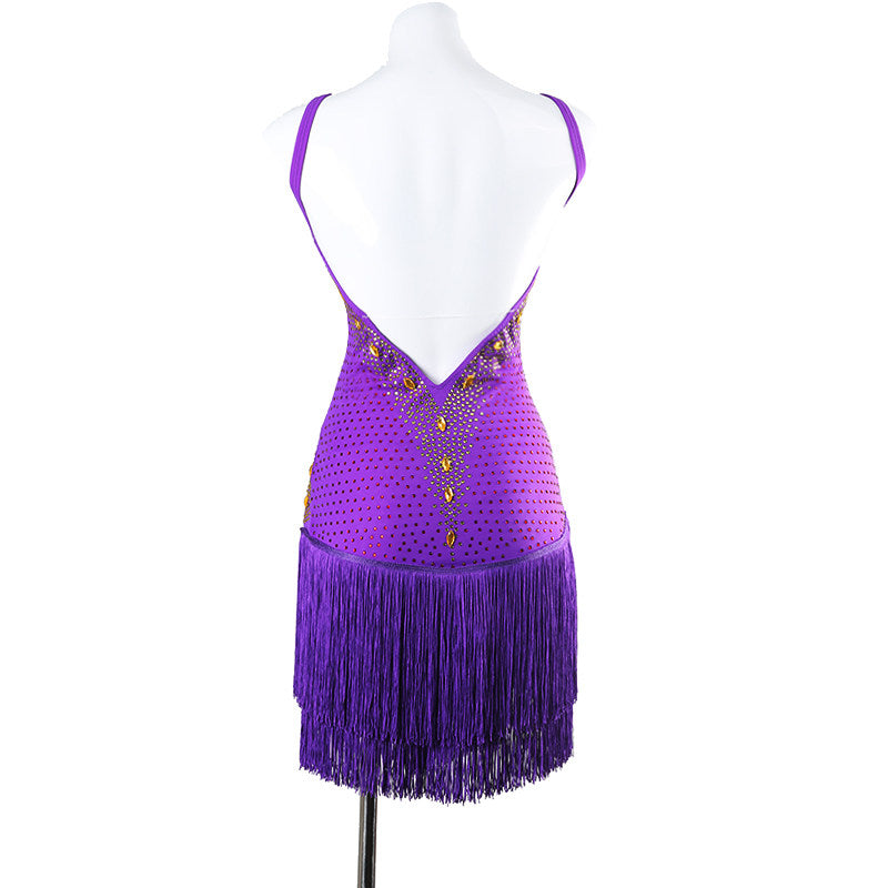 Purple jewel ladder latin salsa dance dress rear view showing the bare back