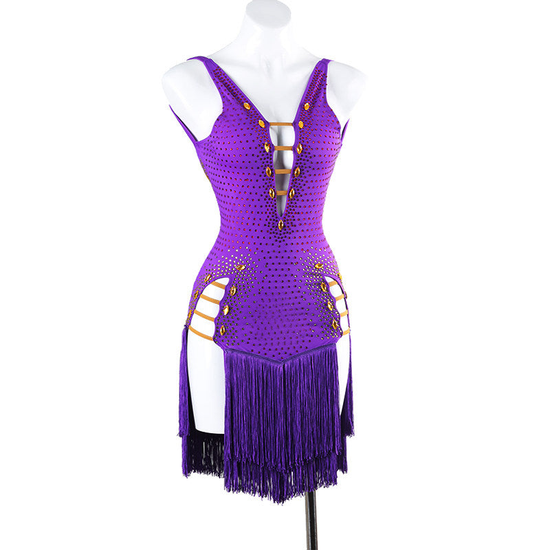 Purple jewel ladder latin salsa dance dress angled view with the fringe hem