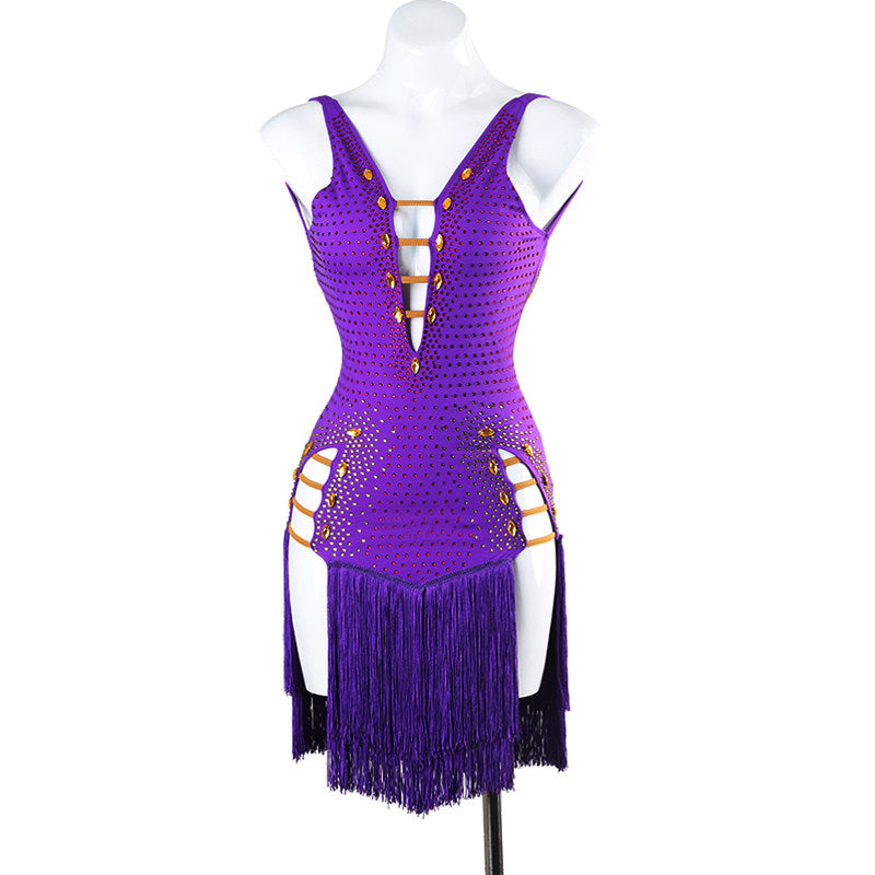 Purple jewel ladder latin salsa dance dress front view showing the hip ladders