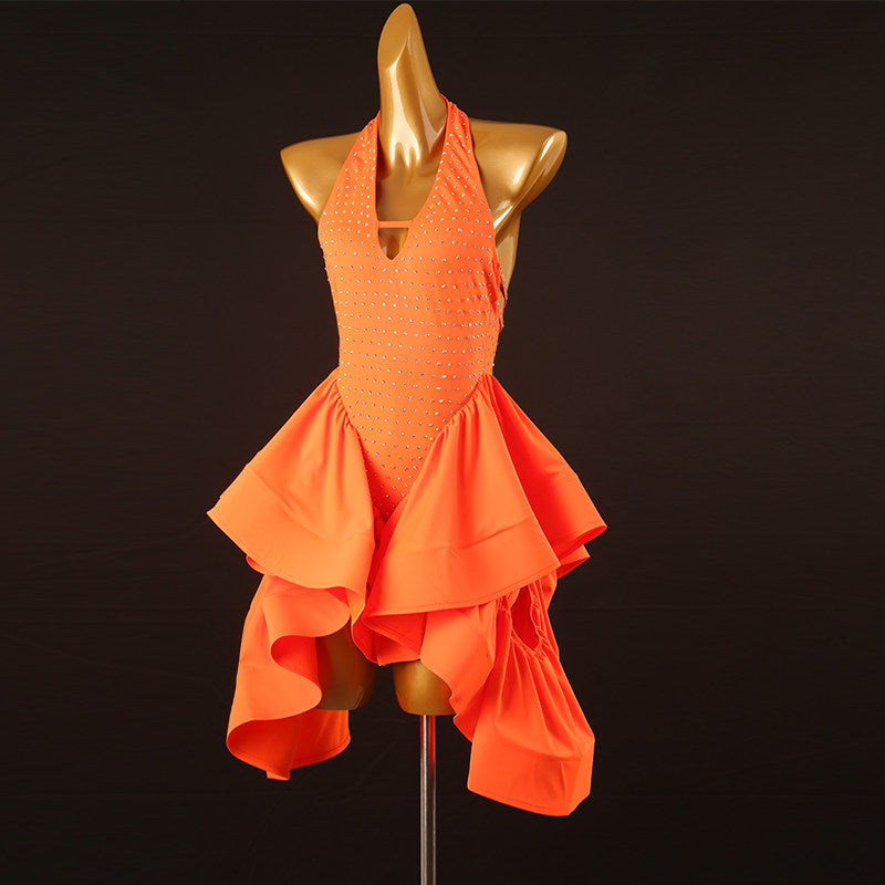 Orange stone latin salsa dance dress front view with the ruffles falling