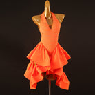 Orange stone latin salsa dance dress side view showing the keyhole neckline