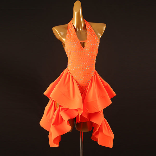Orange stone latin salsa dance dress side view showing the keyhole neckline