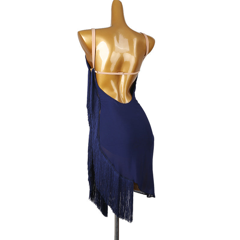 Navy fringe latin salsa dance dress side view showing the fringe falling