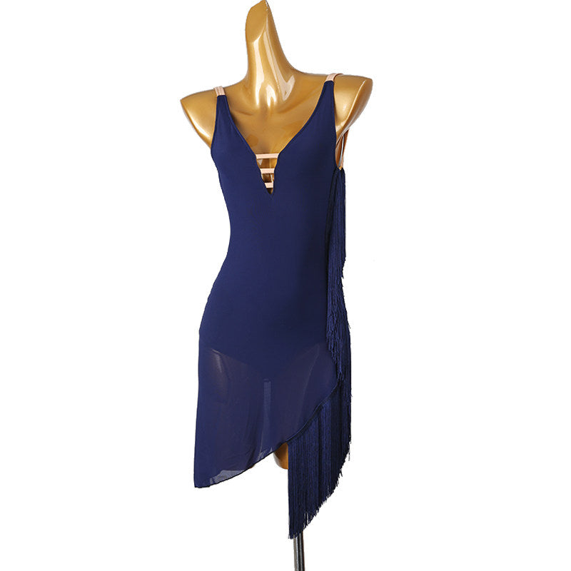 Navy fringe latin salsa dance dress front view with the strap ladder closed