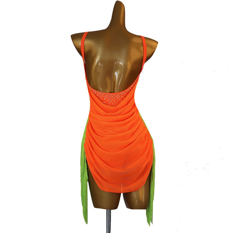 Orange jewel drape latin salsa dance dress angled view with the contrast panel