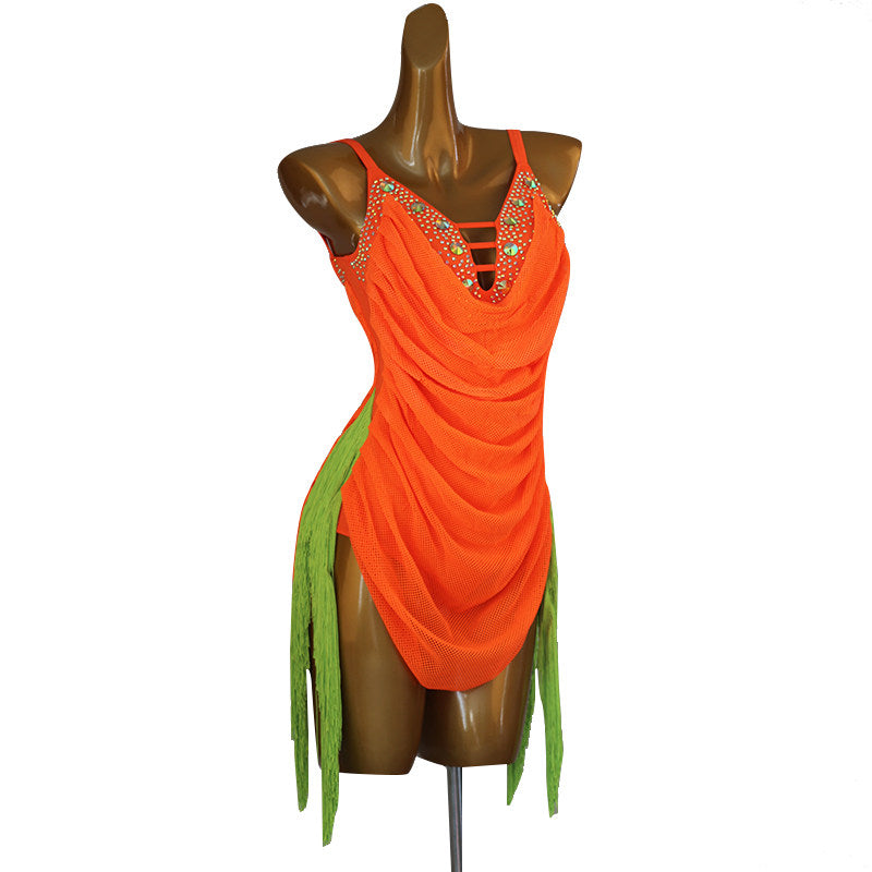 Orange jewel drape latin salsa dance dress rear view showing the bare back