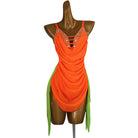 Orange jewel drape latin salsa dance dress side view showing the ruching