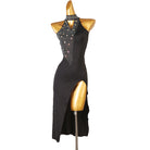 Black stone bib latin salsa dance dress angled view with the deep front split