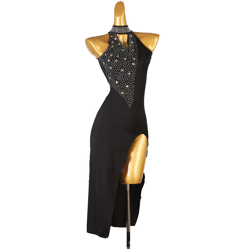 Black stone bib latin salsa dance dress side view showing the wrap skirt