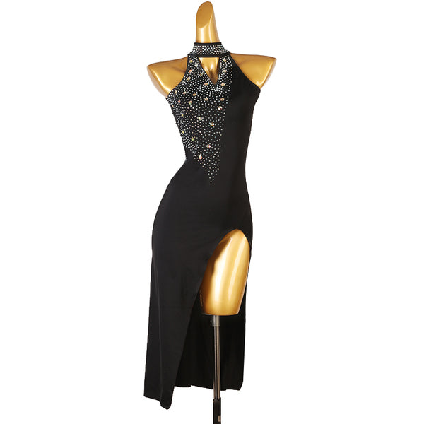 Black stone bib latin salsa dance dress front view with the split open