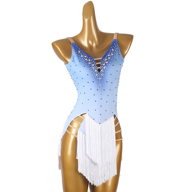 Pale blue latin salsa dance dress with stone set strap ladder and white fringe skirt