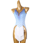 Pale blue stone latin salsa dance dress angled view showing the fringe layers