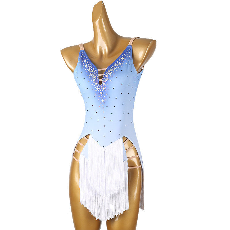 Pale blue stone latin salsa dance dress angled view showing the fringe layers