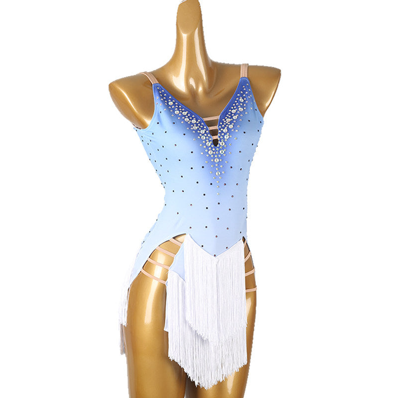 Pale blue stone latin salsa dance dress rear view with the bare back