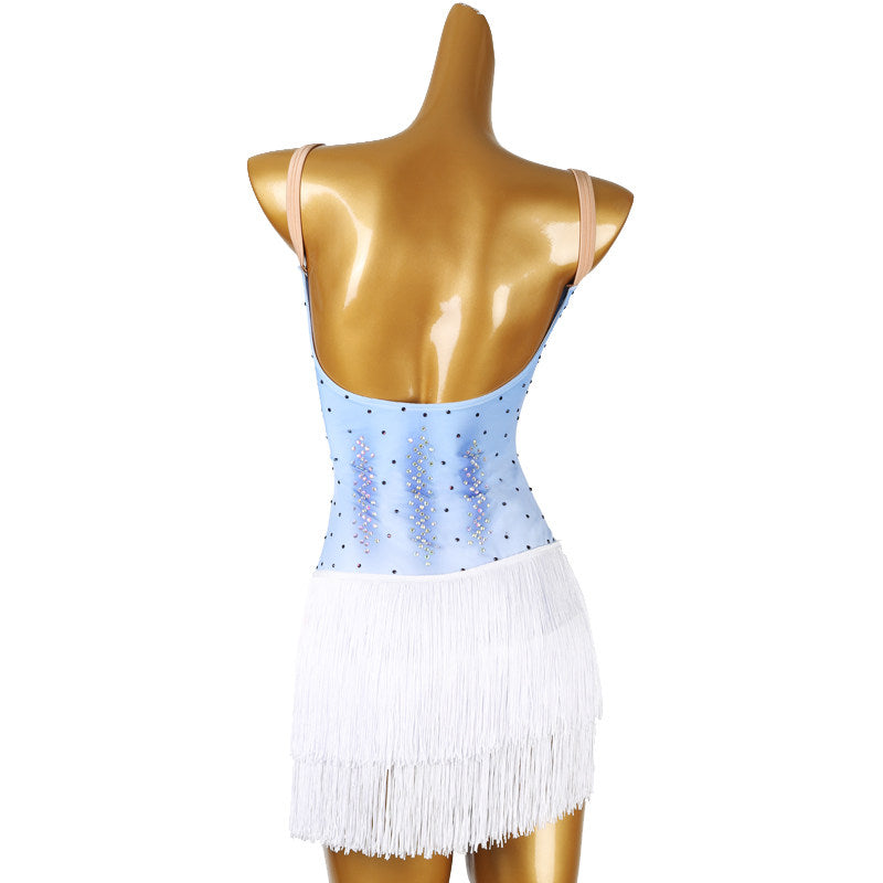 Pale blue stone latin salsa dance dress showing the strap back from behind