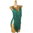 Green fringe latin salsa dance dress angled view showing the fringe rows