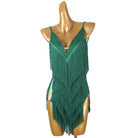 Green fringe latin salsa dance dress side view with the split hem