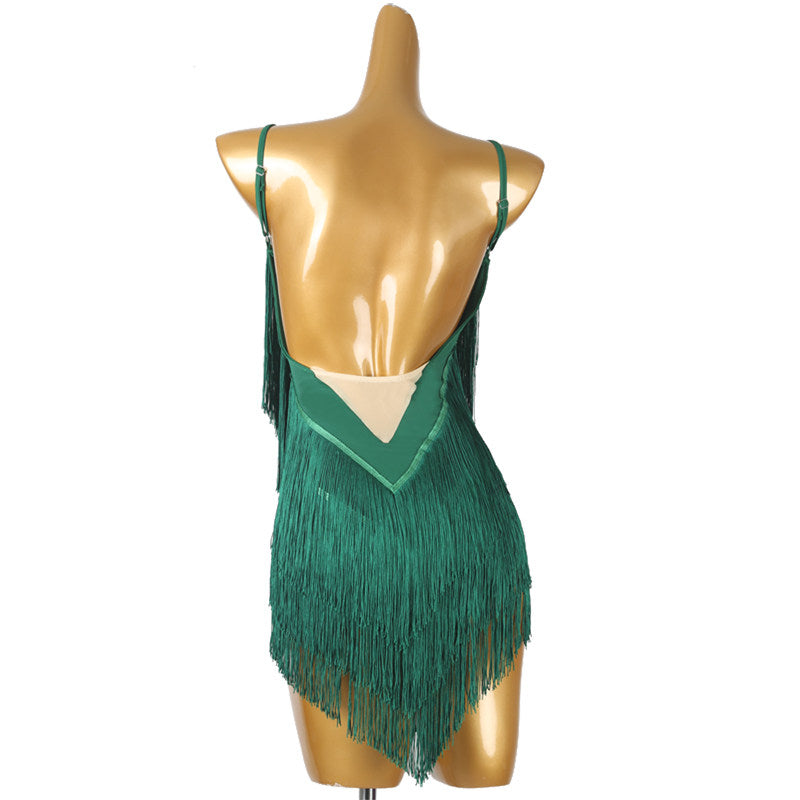 Green fringe latin salsa dance dress rear view showing the bare back
