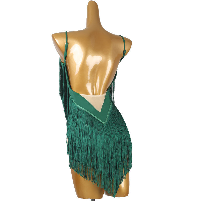 Green fringe latin salsa dance dress front view with the V panel