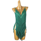 Green fringe latin salsa dance dress showing the fringe in movement