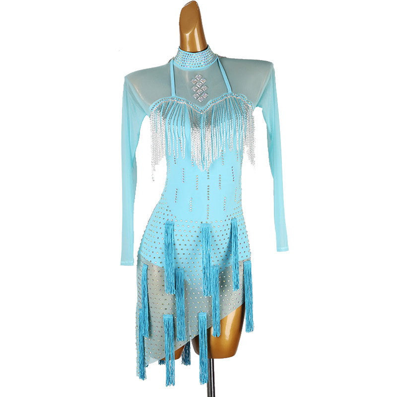 Pale blue latin salsa dance dress with stone set yoke and hanging bead strands