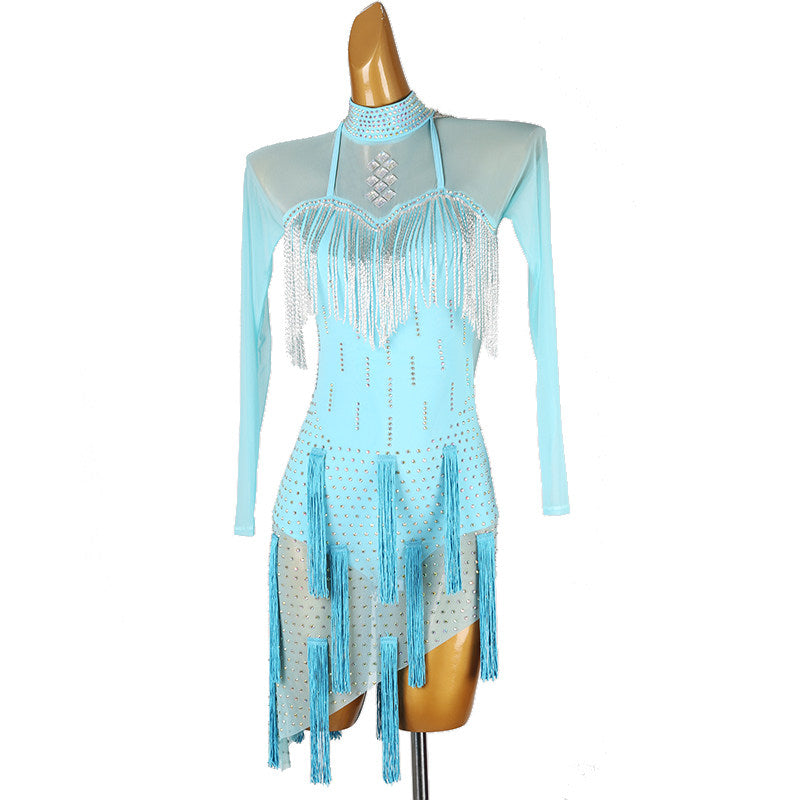 Pale blue stone yoke latin salsa dance dress angled view showing the strip hem