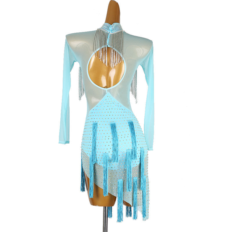 Pale blue stone yoke latin salsa dance dress rear view with the teardrop back