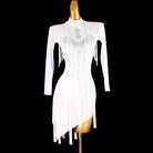 White latin salsa dance dress with stone set yoke and ragged strip hem