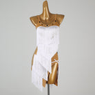 White latin salsa dance dress with stud trimmed nude mesh panels and fringe skirt