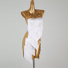 White nude panel latin salsa dance dress angled view showing the diagonal hem