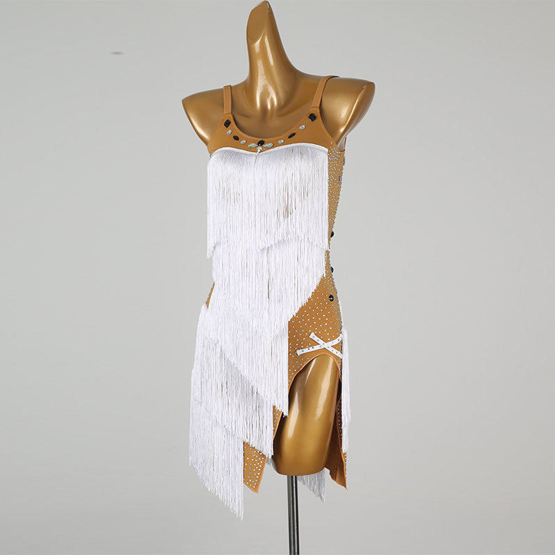White nude panel latin salsa dance dress side view with the fringe falling