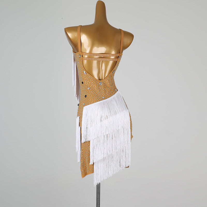White nude panel latin salsa dance dress rear view showing the bare back