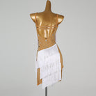 White nude panel latin salsa dance dress showing the mesh panels from behind