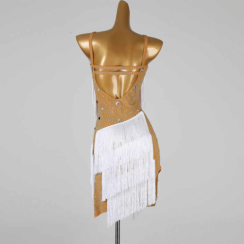 White nude panel latin salsa dance dress showing the mesh panels from behind