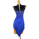 Blue ombre latin salsa dance dress with front zip high collar and fringe hem