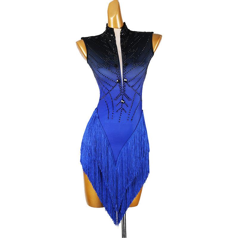 Blue ombre latin salsa dance dress with front zip high collar and fringe hem