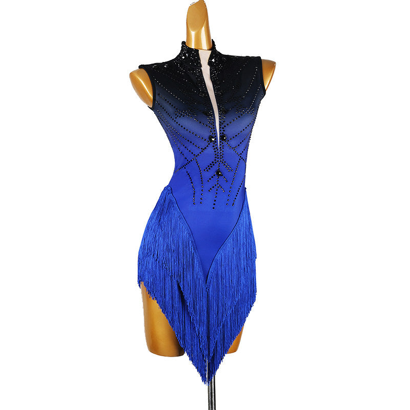 Blue ombre stone latin salsa dance dress angled view showing the shading