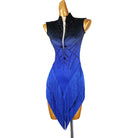 Blue ombre stone latin salsa dance dress side view with the fringe falling