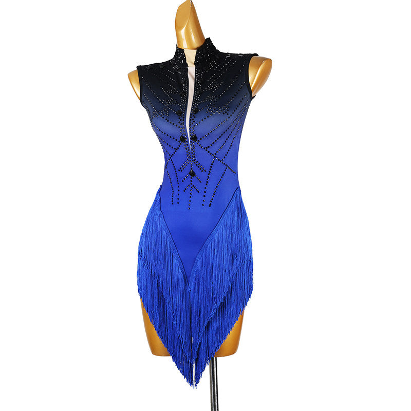 Blue ombre stone latin salsa dance dress side view with the fringe falling